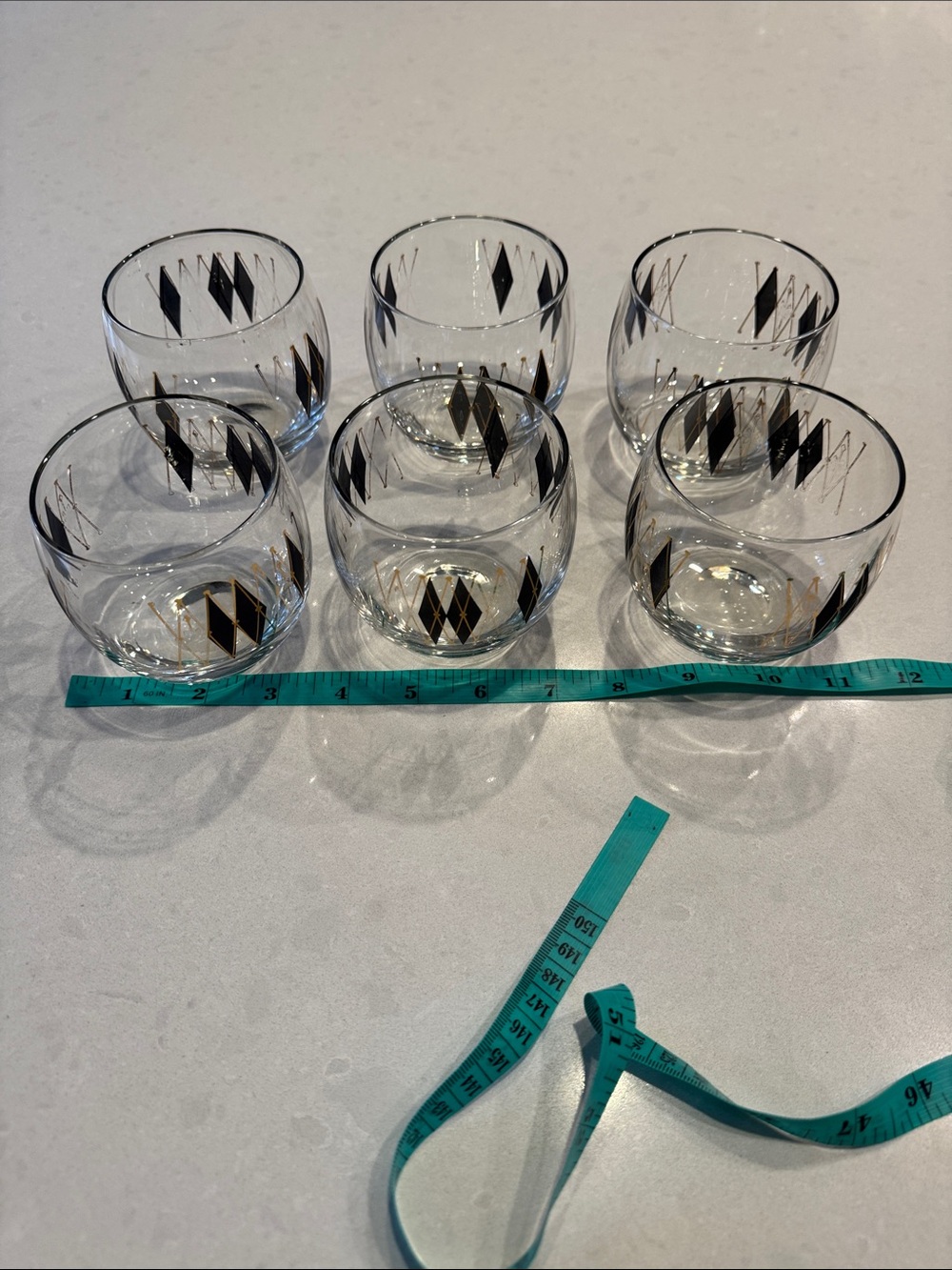 Set of 6 Clear Glass Tumblers with Black & Gold Diamond Motif